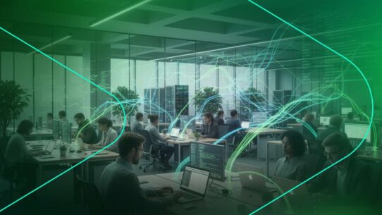 Ambiente de trabalho moderno com pessoas usando tecnologia.