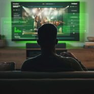 Homem assistindo a um show ao vivo na TV.