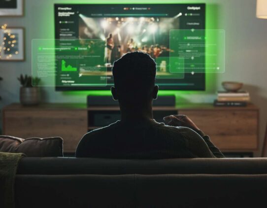 Homem assistindo a um show ao vivo na TV.