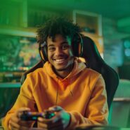 Jovem sorridente jogando videogame com headset