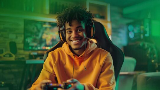 Jovem sorridente jogando videogame com headset