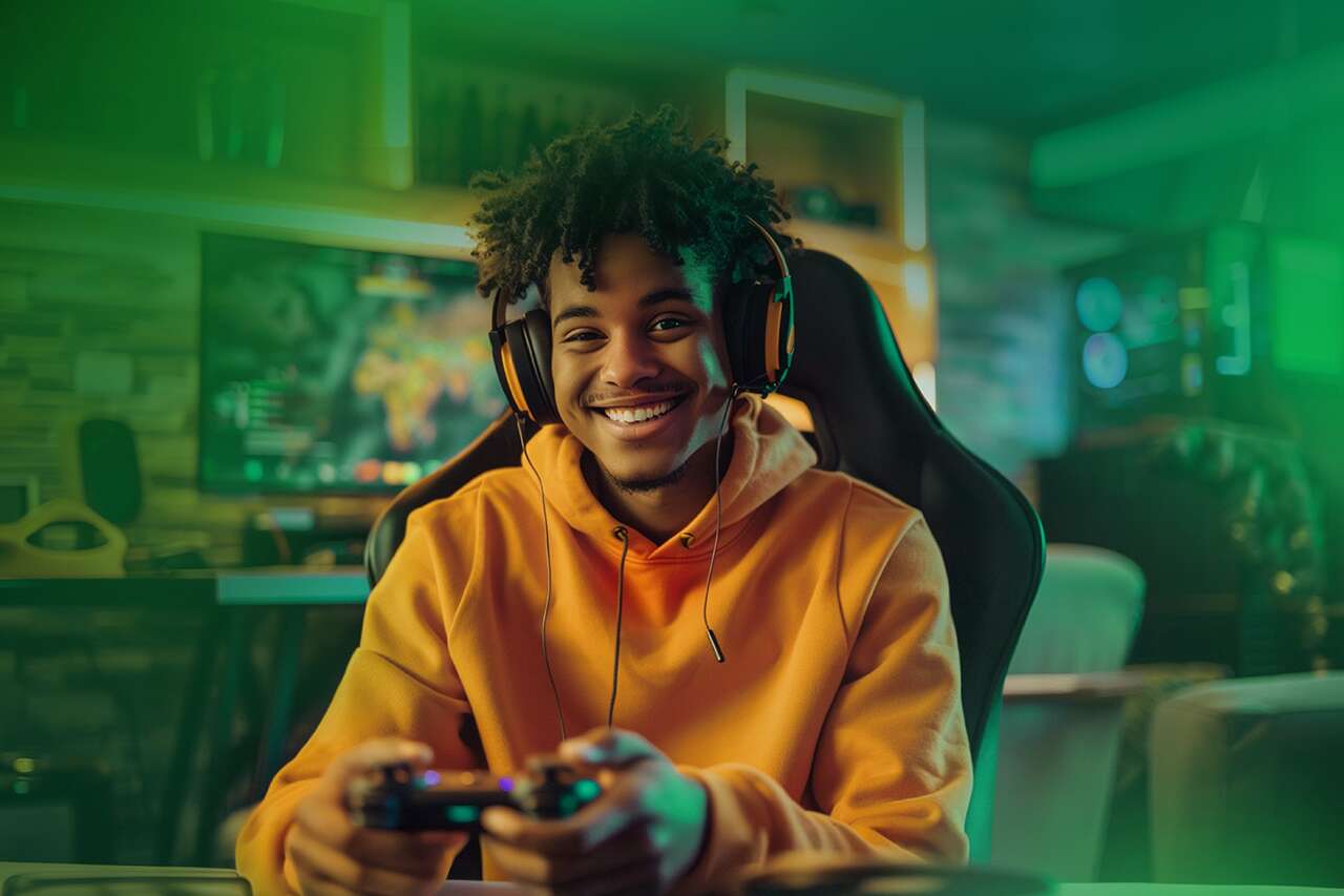 Jovem sorridente jogando videogame com headset