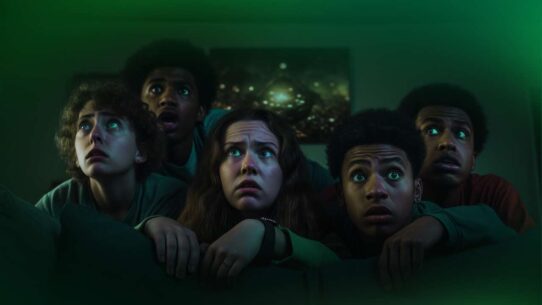 Grupo de jovens assistindo assustados algo na TV