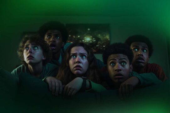 Grupo de jovens assistindo assustados algo na TV
