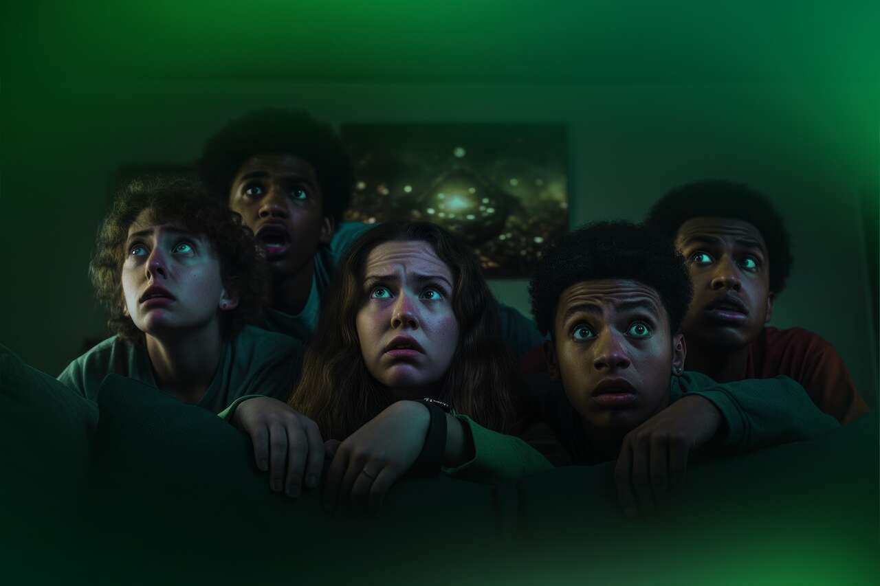 Grupo de jovens assistindo assustados algo na TV