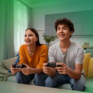 Dois jovens jogando videogame juntos em casa.