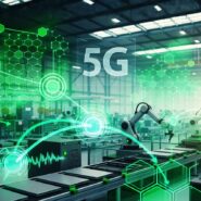 Fábrica moderna com robôs e tecnologia 5G