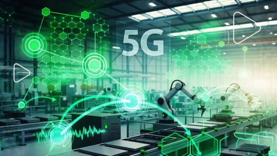 Fábrica moderna com robôs e tecnologia 5G