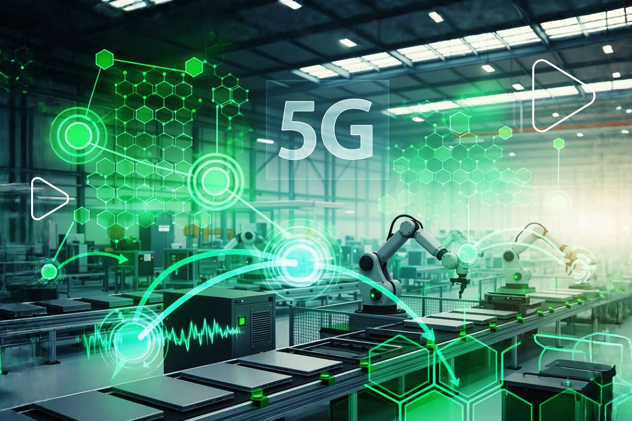 Fábrica moderna com robôs e tecnologia 5G