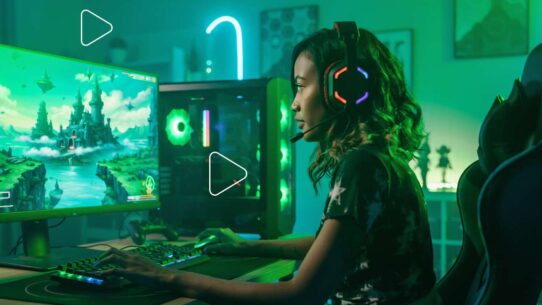 jovem jogadora de videogame em ambiente iluminado