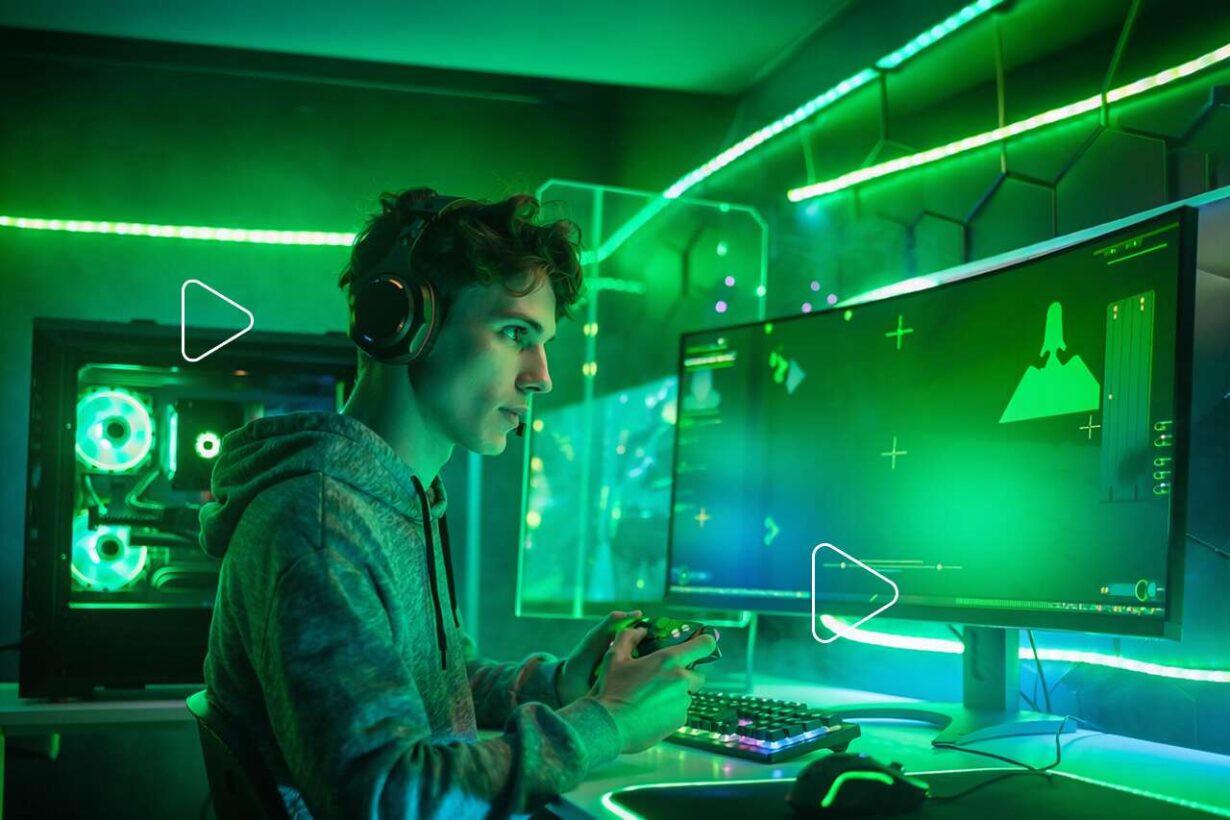Jovem jogando videogame em ambiente iluminado por neon