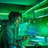Jovem jogando videogame em ambiente iluminado por neon