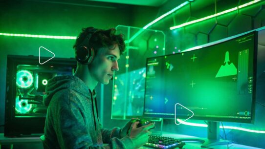 Jovem jogando videogame em ambiente iluminado por neon