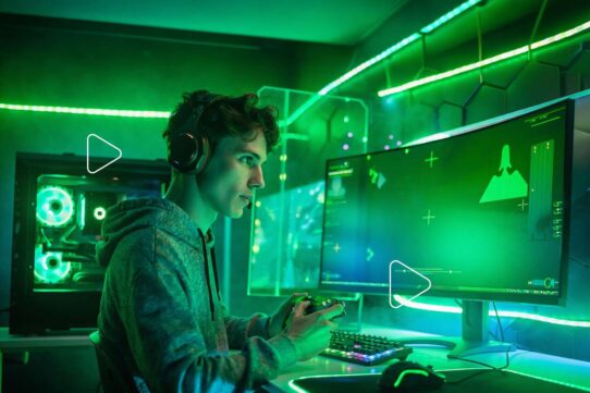 Jovem jogando videogame em ambiente iluminado por neon