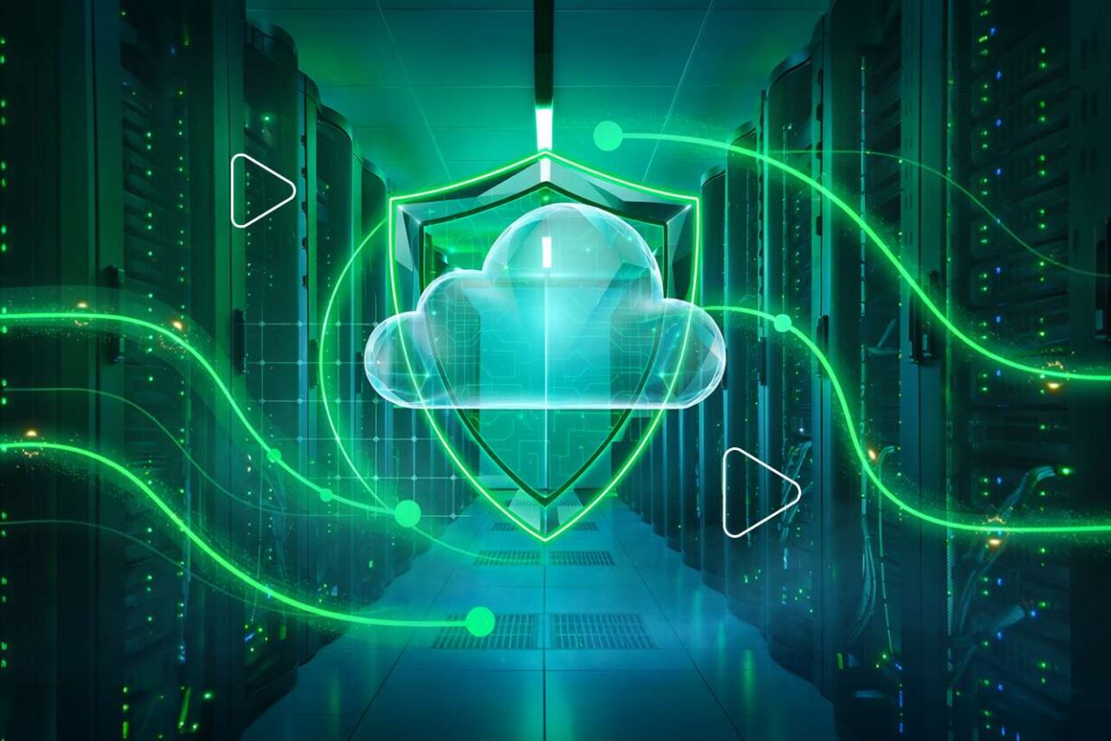 Ilustração de nuvem com escudo em data center