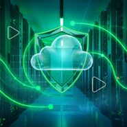 Ilustração de nuvem com escudo em data center