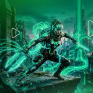 Personagem futurista com armas em cenário neon