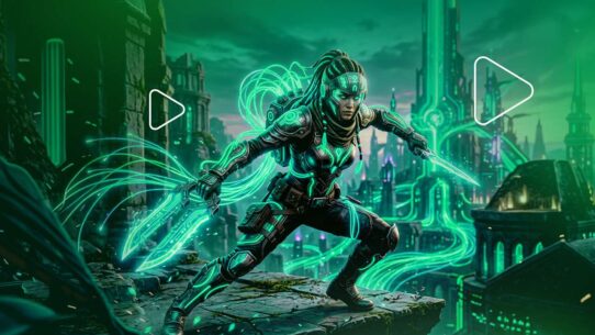 Personagem futurista com armas em cenário neon