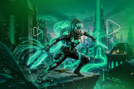 Personagem futurista com armas em cenário neon
