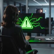 Mulher em escritório com tela de alerta verde.