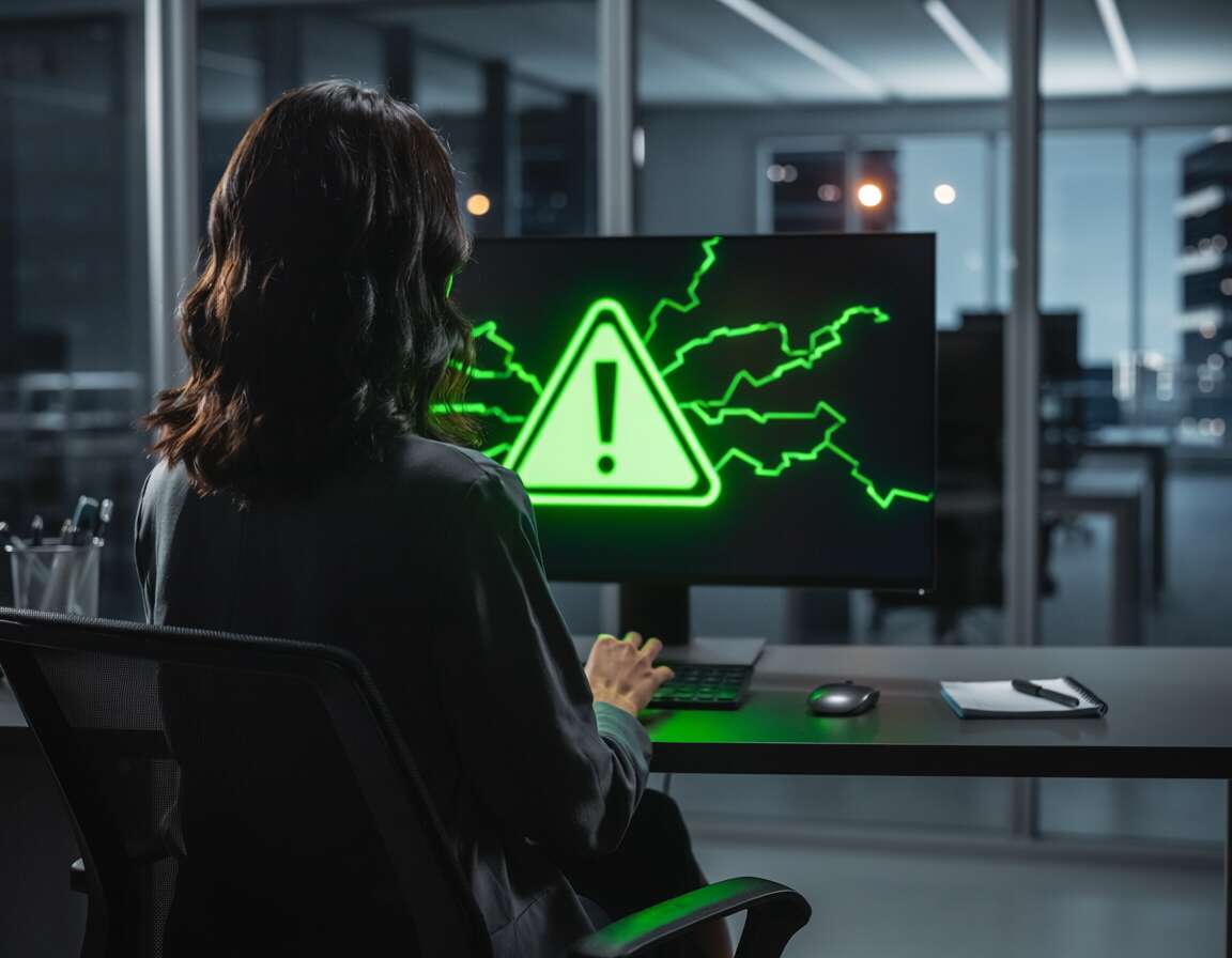 Mulher em escritório com tela de alerta verde.