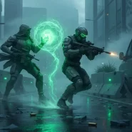 Cenas de combate futurista em um cenário urbano chuvoso.