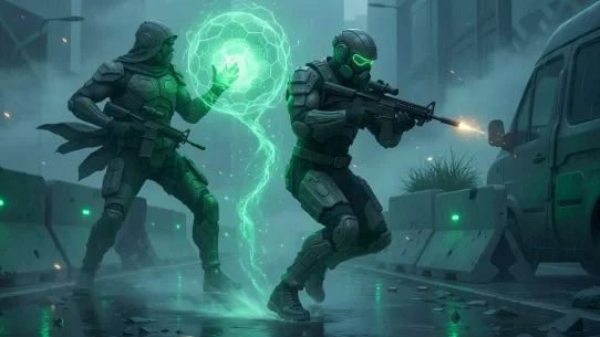 Cenas de combate futurista em um cenário urbano chuvoso.