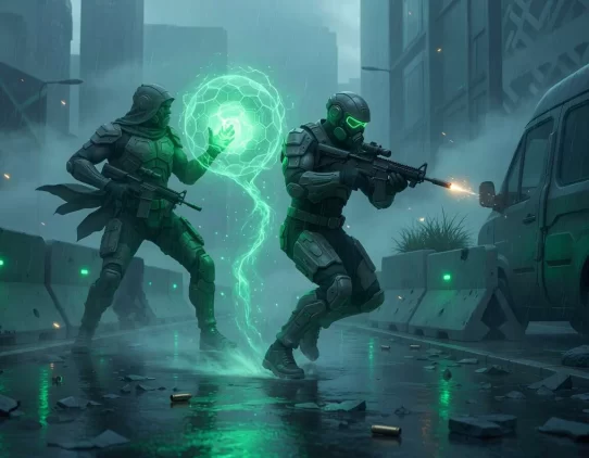 Cenas de combate futurista em um cenário urbano chuvoso.