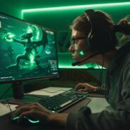 Jogadora concentrada em partida de videogame em ambiente neon.