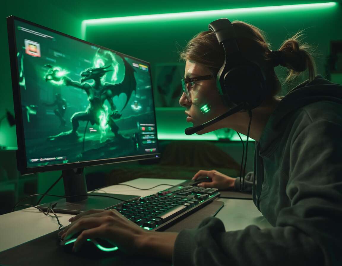 Jogadora concentrada em partida de videogame em ambiente neon.