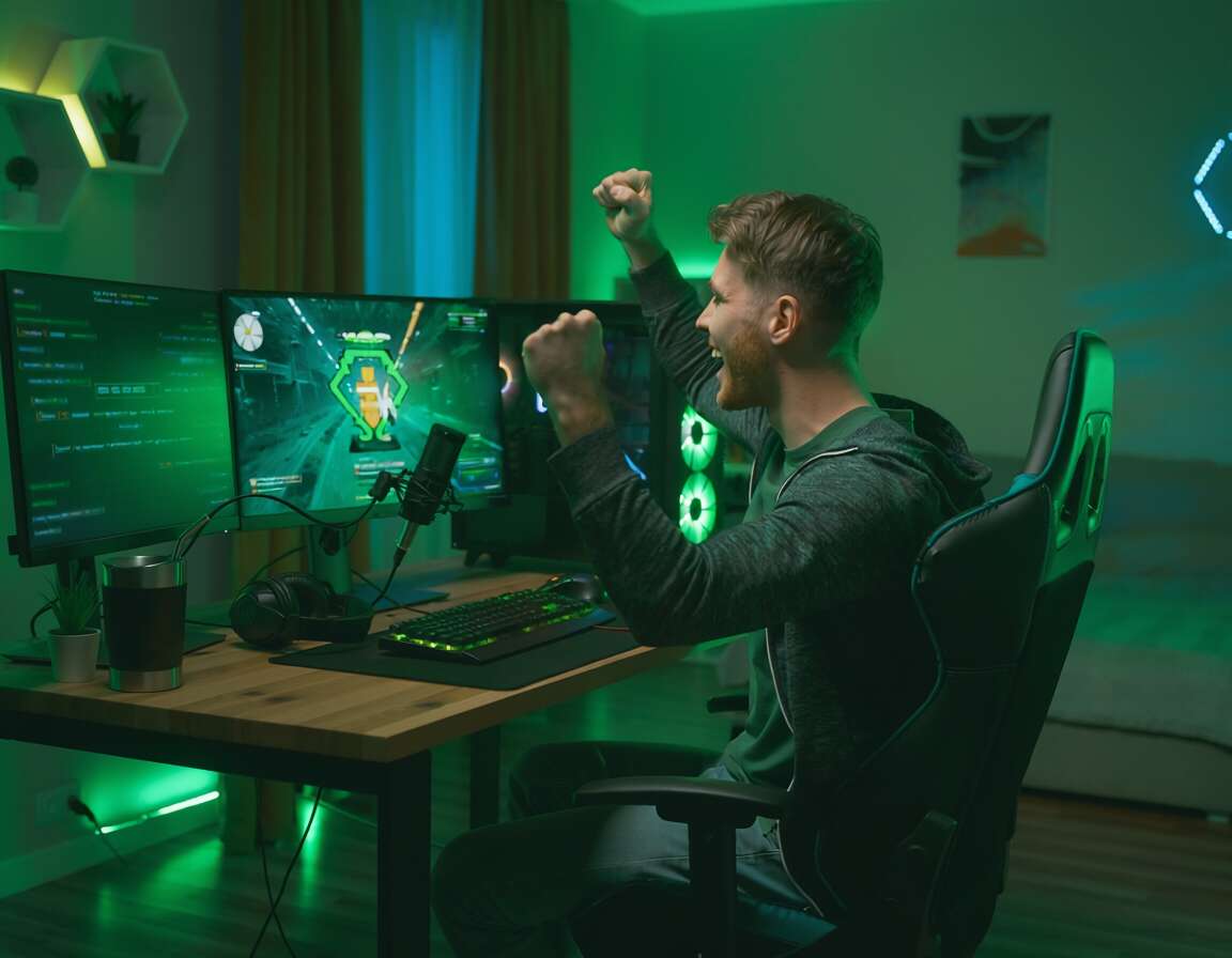 Jovem comemorando vitória em jogo de computador.