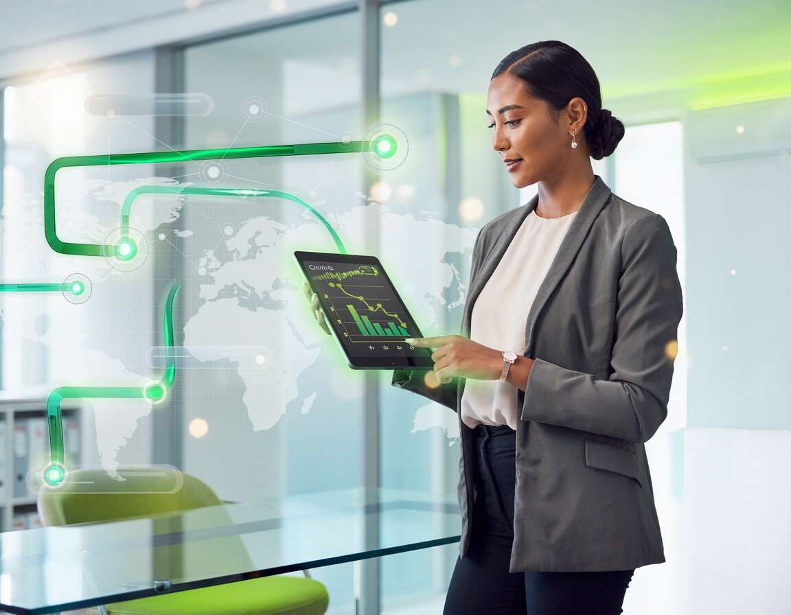 Mulher analisando gráficos em tablet em escritório moderno.