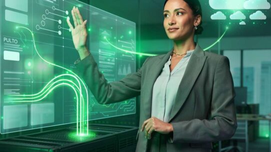 Mulher interagindo com hologramas em ambiente tecnológico.