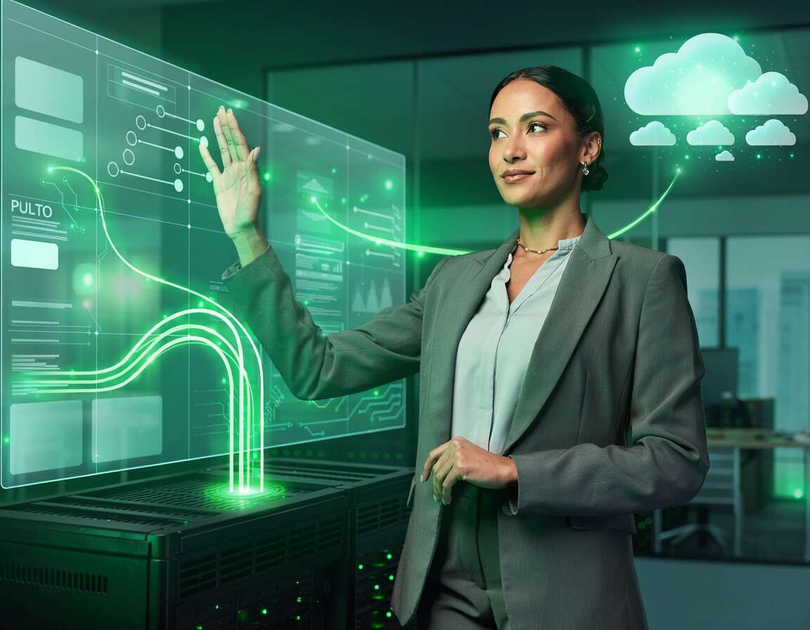 Mulher interagindo com hologramas em ambiente tecnológico.