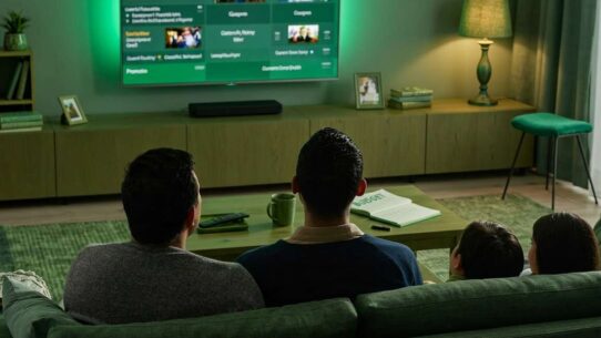 Família assistindo TV em sala de estar aconchegante