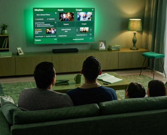 Família assistindo TV em sala de estar aconchegante