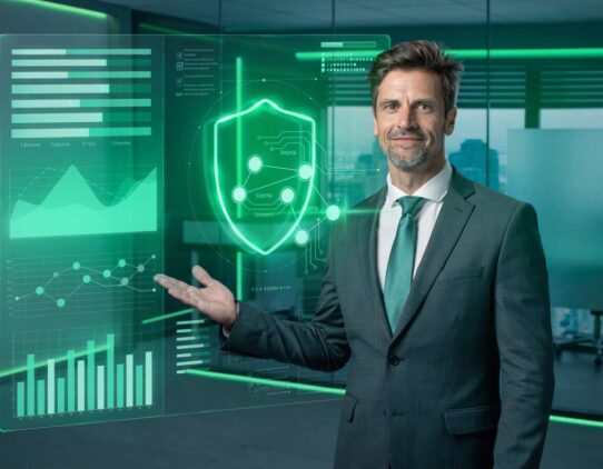 Homem de terno apresentando gráficos de segurança.