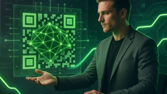 Homem analisando um código QR em ambiente digital