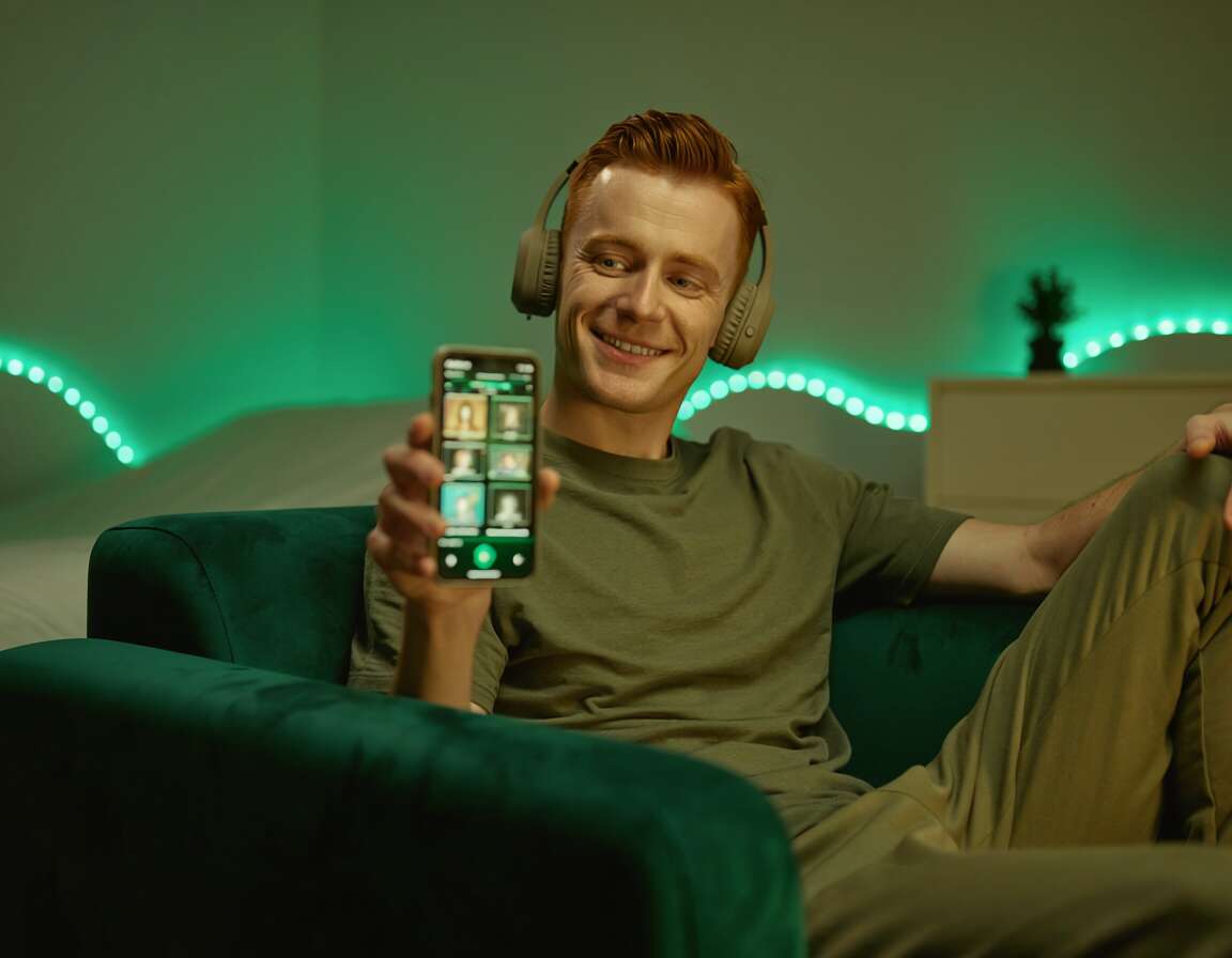 Homem sorridente com fones, usando celular no sofá.