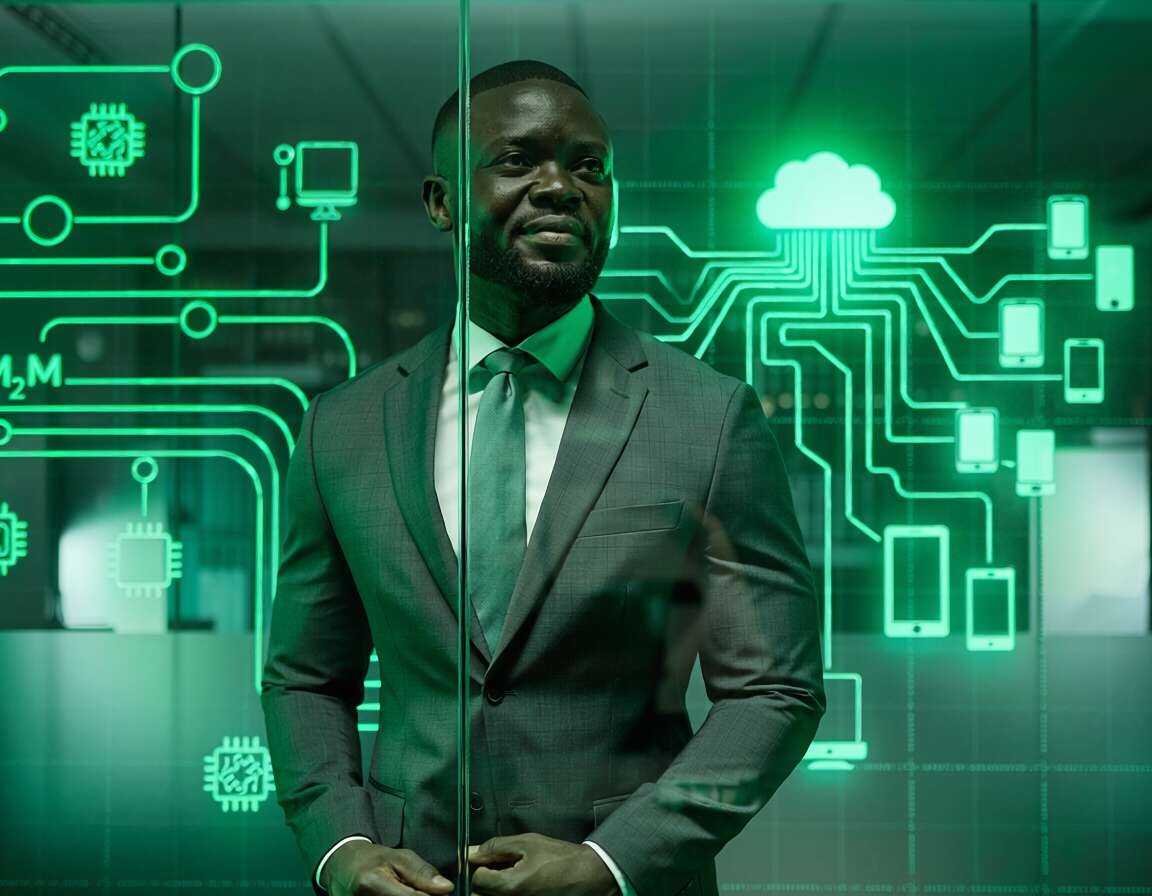 Homem em terno diante de painel tecnológico verde.