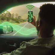Homem usando smartphone em carro com sinal de Wi-Fi.