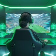 Jogador de videogame em ambiente iluminado