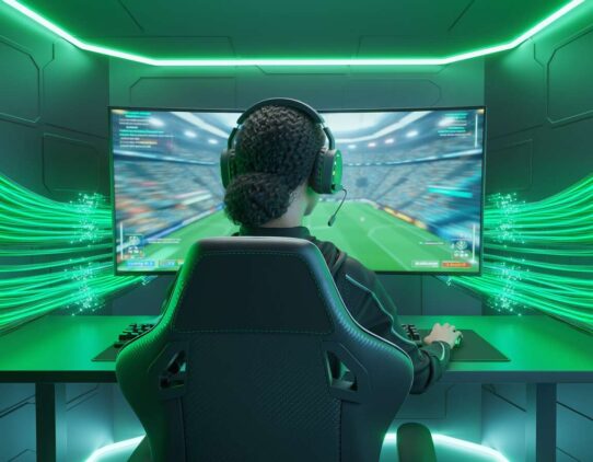 Jogador de videogame em ambiente iluminado