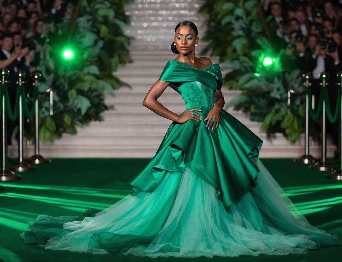 Modelo com vestido verde em evento glamouroso.