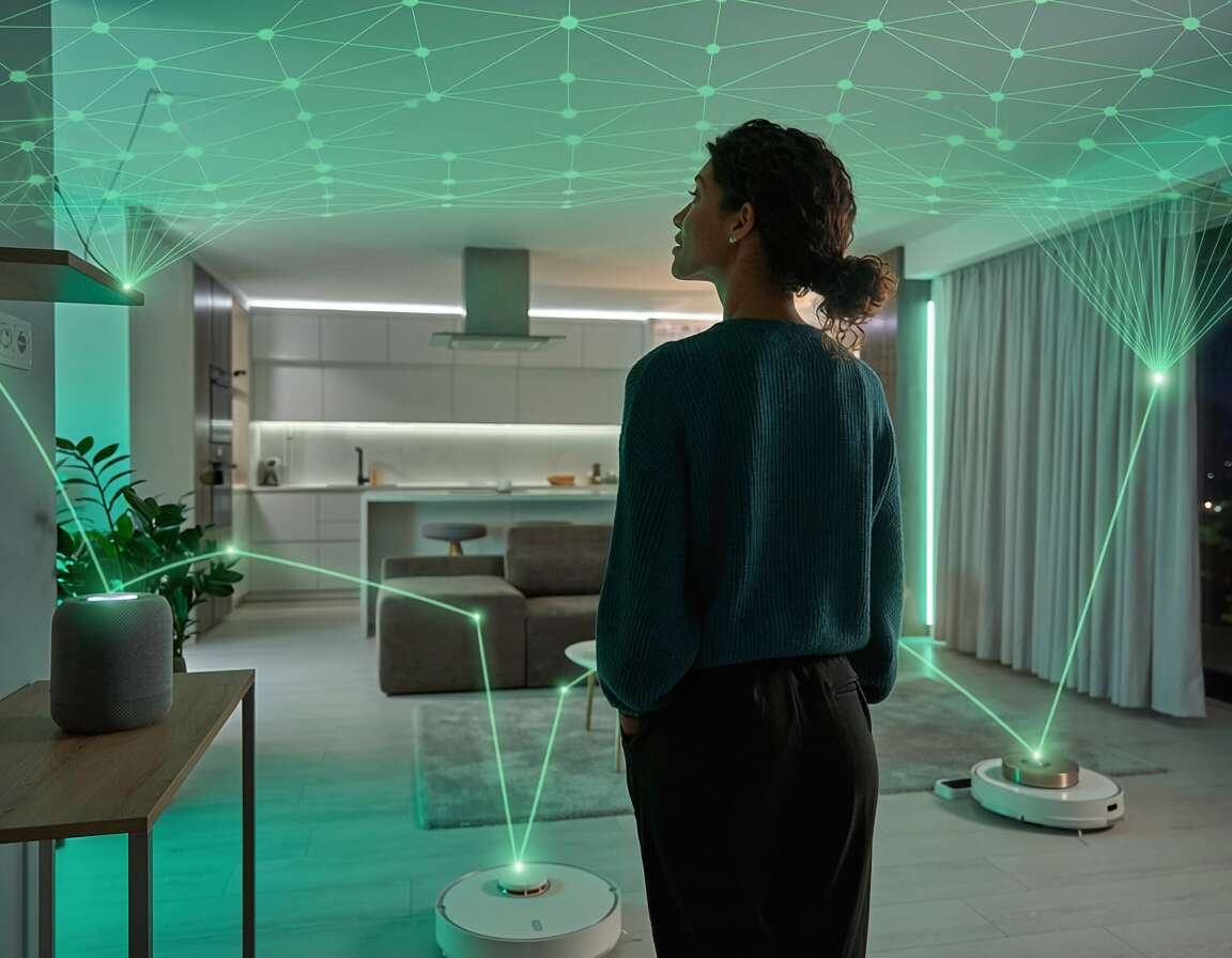 Mulher em ambiente moderno com robôs de limpeza conectados.