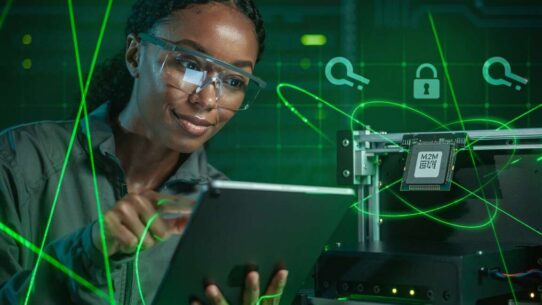 Mulher analisando dados em tablet com tecnologia de segurança.