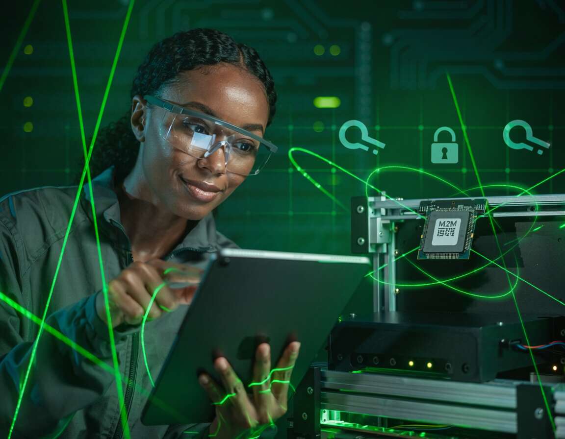 Mulher analisando dados em tablet com tecnologia de segurança.