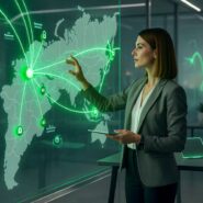 Mulher interagindo com um mapa digital iluminado