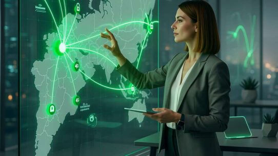 Mulher interagindo com um mapa digital iluminado