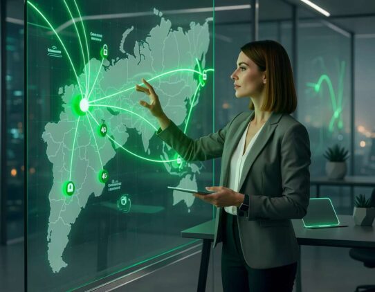 Mulher interagindo com um mapa digital iluminado